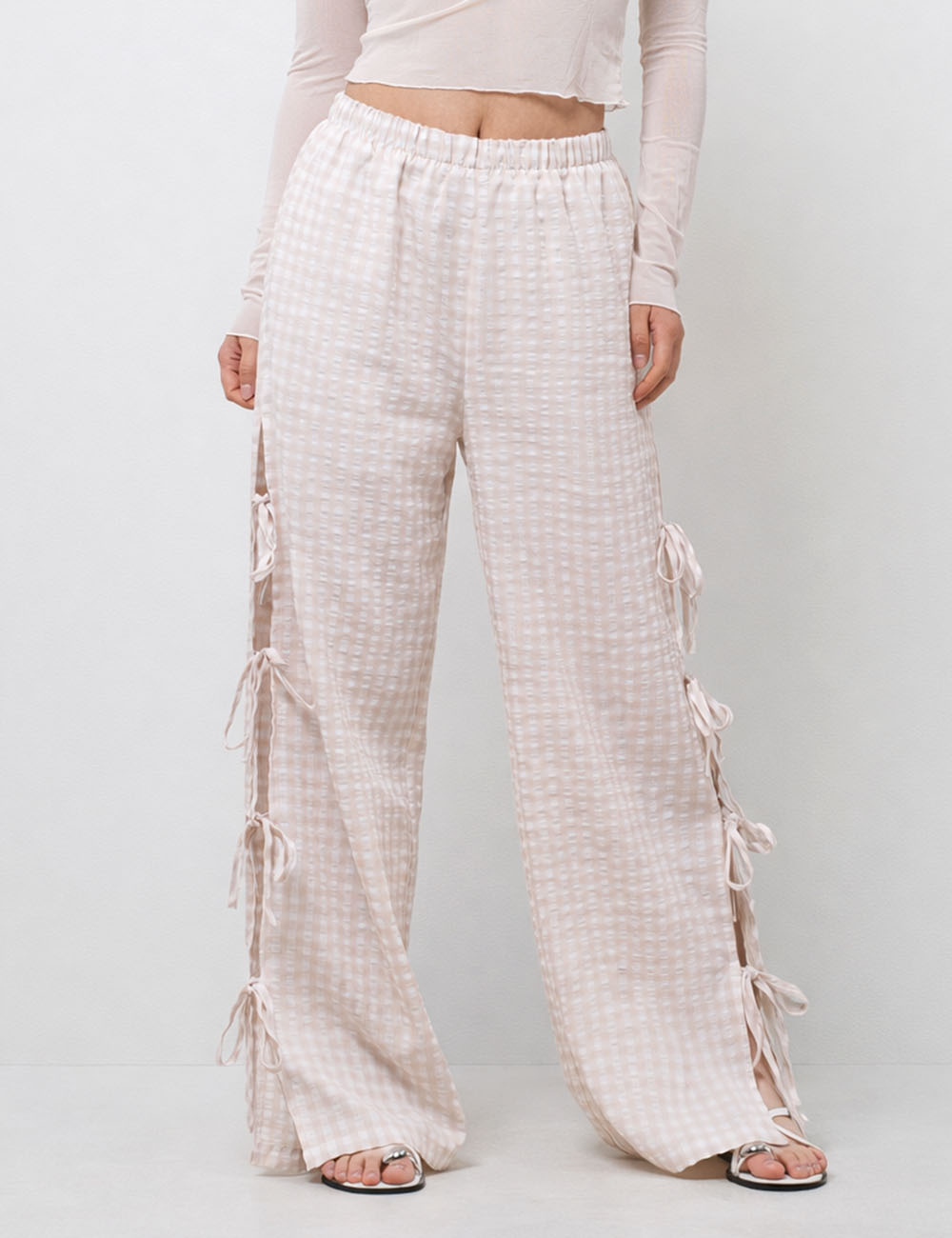 Ladies Gingham Elastic Waist Wide Leg Pants 60052