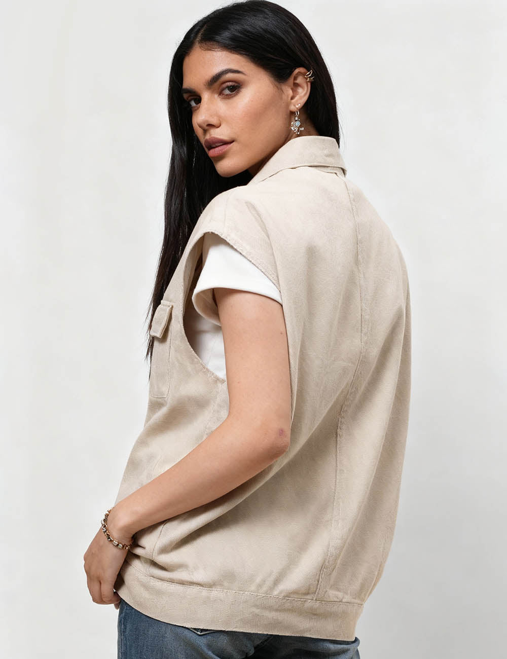 Ladies Turndown Collar Sleeveless Denim Vest SKT4957