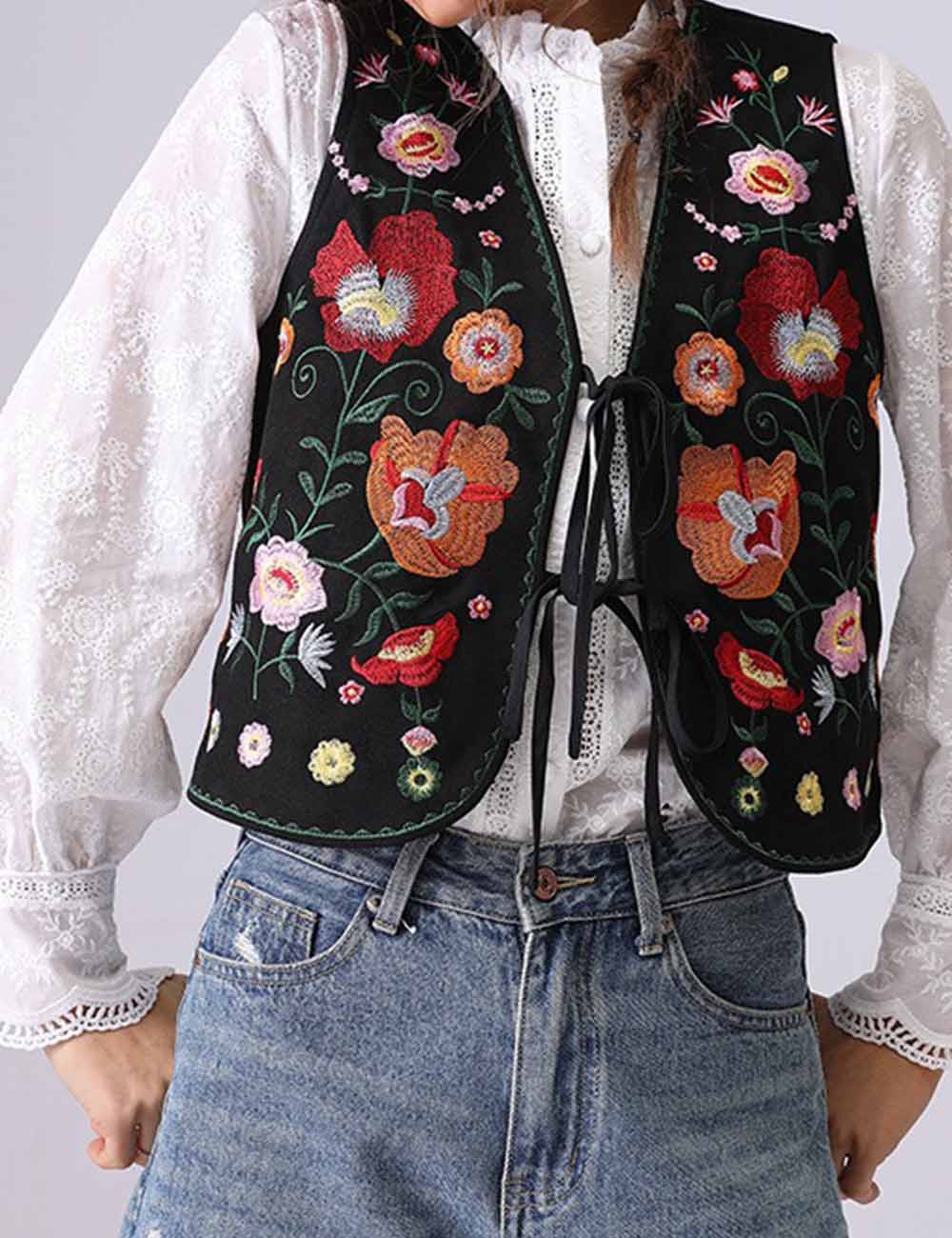 Ladies Floral Embroidery String Tie Sleeveless Vest Top