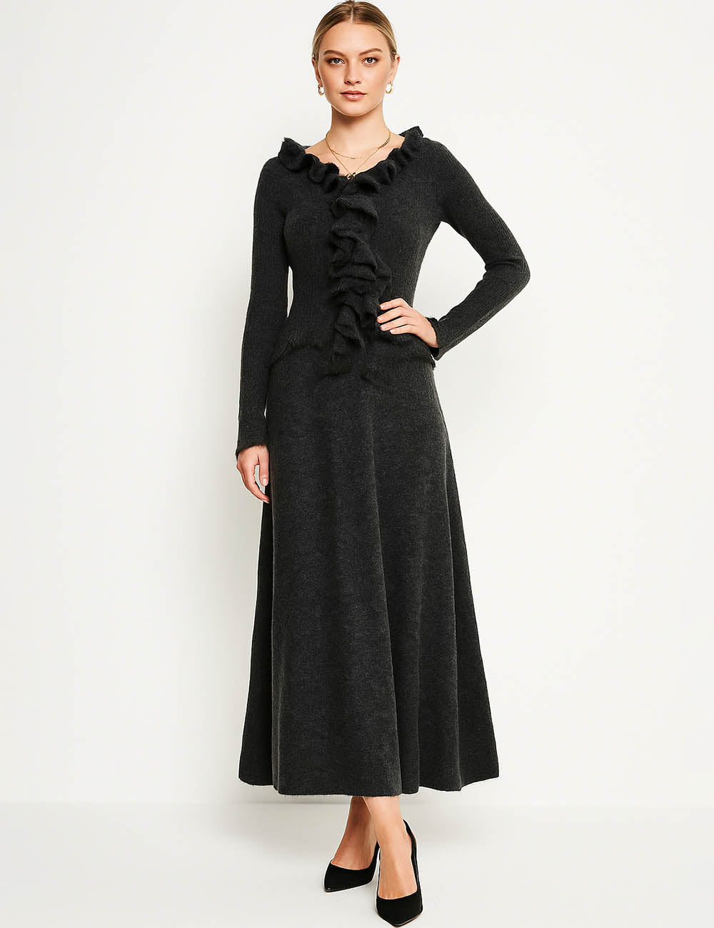 Ladies Solid Color Ruffle Trim Knit Top & Midi Skirt Set