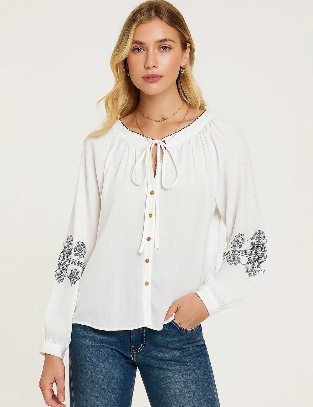Ladies V-Neck Embroidery String Tie See Through Blouse