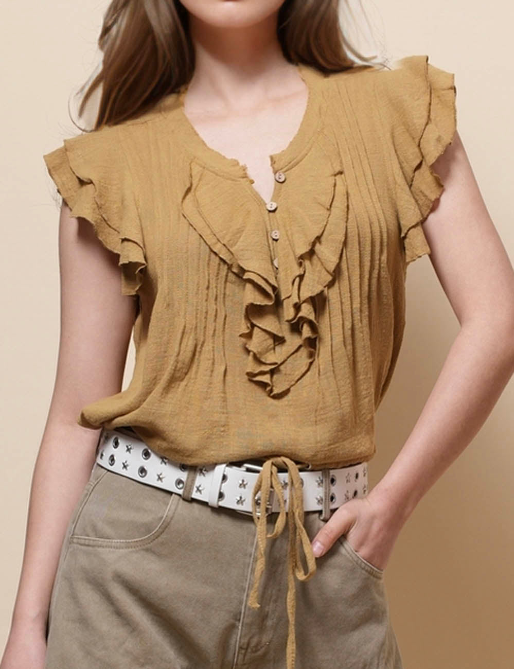 Ladies V-Neck Short Sleeves Drawstring Top SKT51071