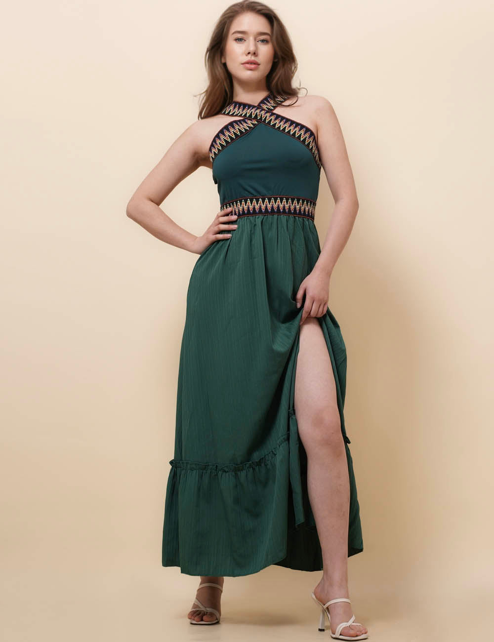 Ladies Halter Side Split Embroidery Midi Dress SKD51094