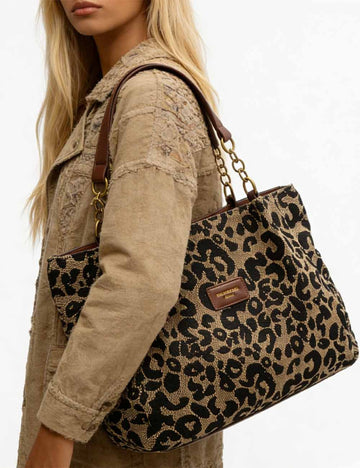Ladies Vintage Leopard Chain Canvas Shoulder Tote Bag