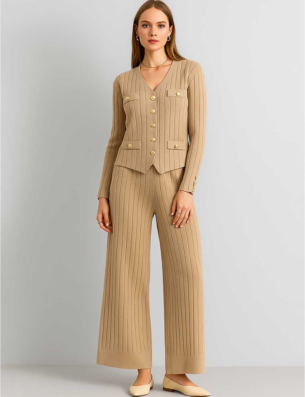 Ladies V-Neck Ribbed Knit 3PCS Cardigan & Pants Set