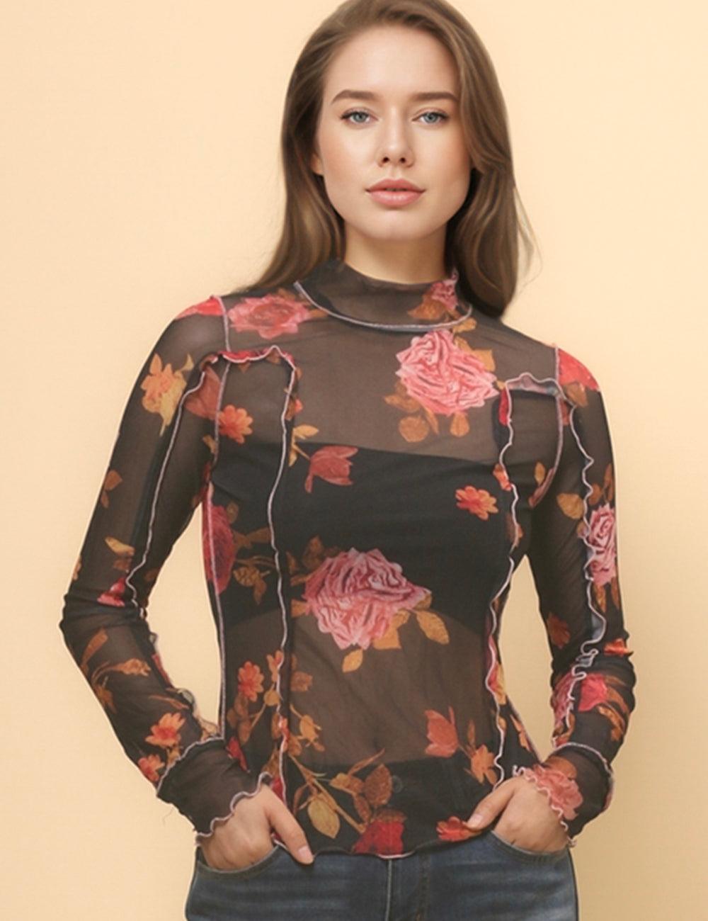 Ladies Floral See Sheer Mesh Layring Top Pullover Blouse SKT4799