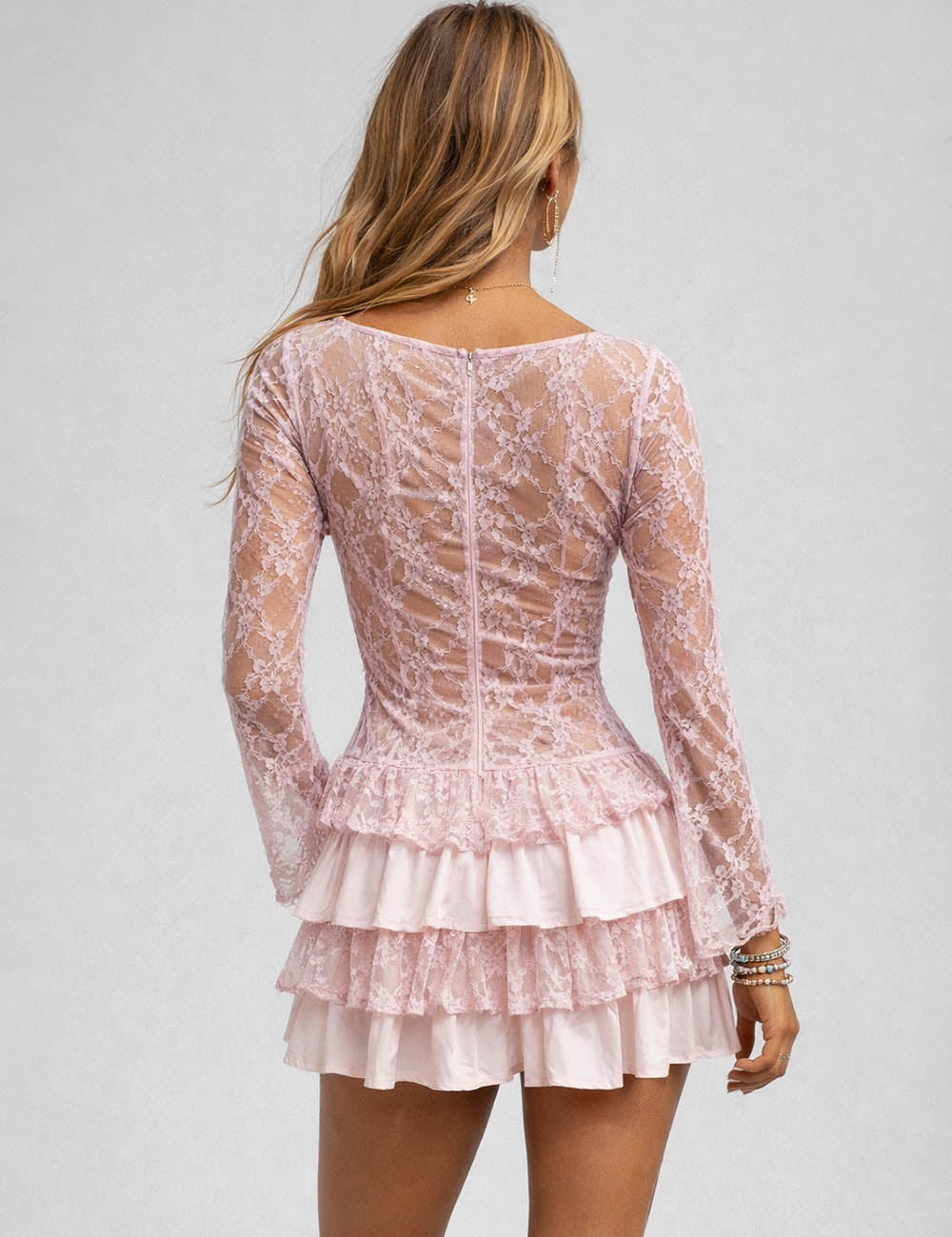 Ladies Sheer Lace Long Sleeves Tiered Ruffle Mini Dress