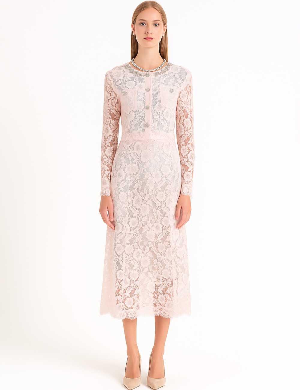 Ladies Floral Lace Sequin Beading Button Cardigan & Skirt Set