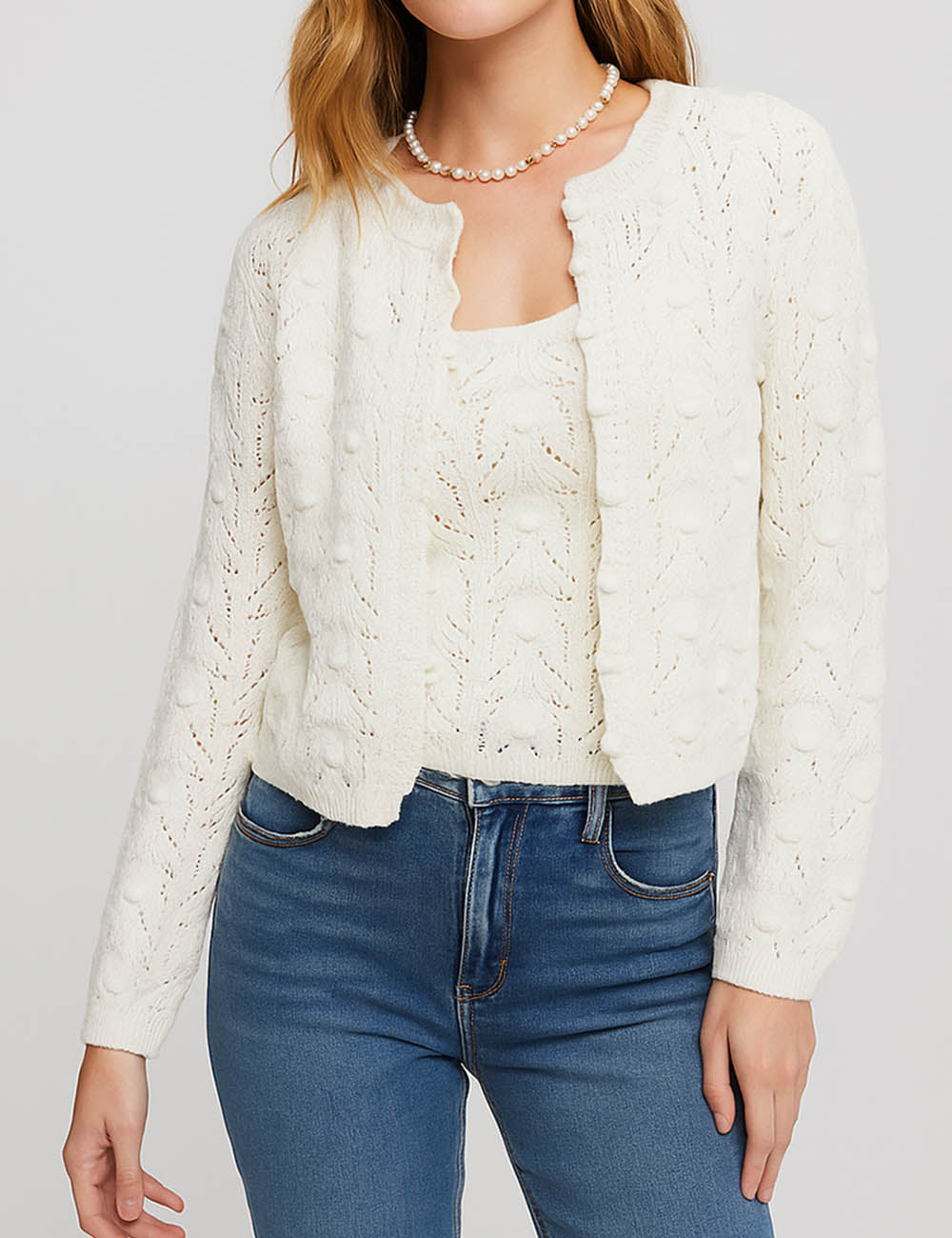 Ladies Bobbles Eyelet Knit Sweater Set Vest & Cardigan 2PCS Set