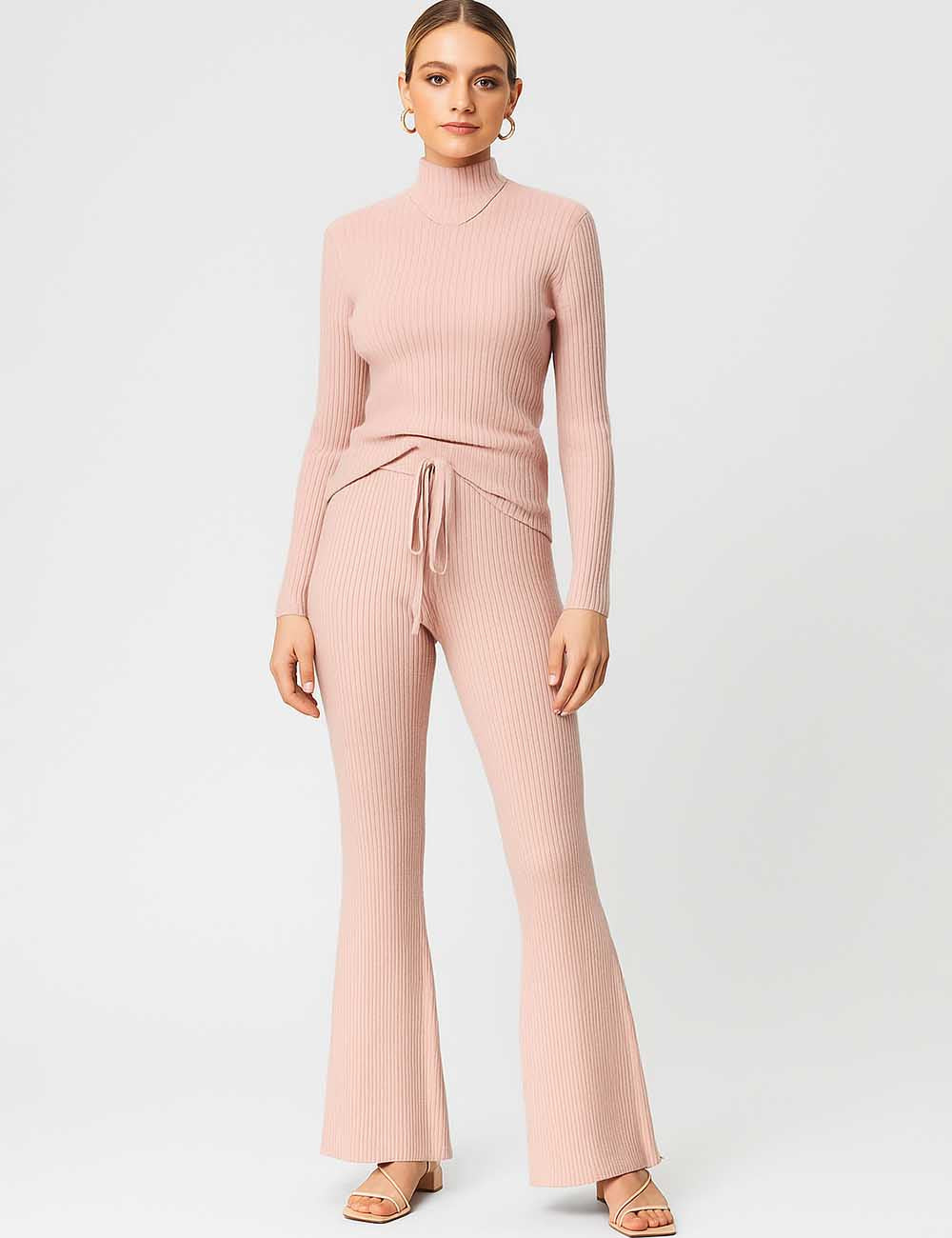 Ladies Ribbed Knit Mock Neck Flared Leg Sweater Set