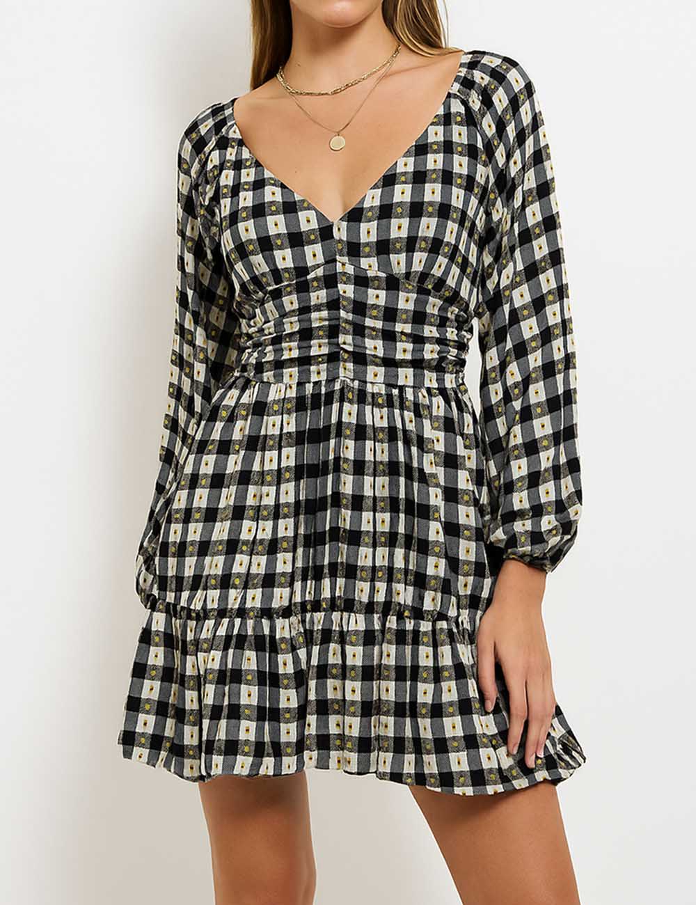 Women Chic V-Neck Black Checked Mini Dress