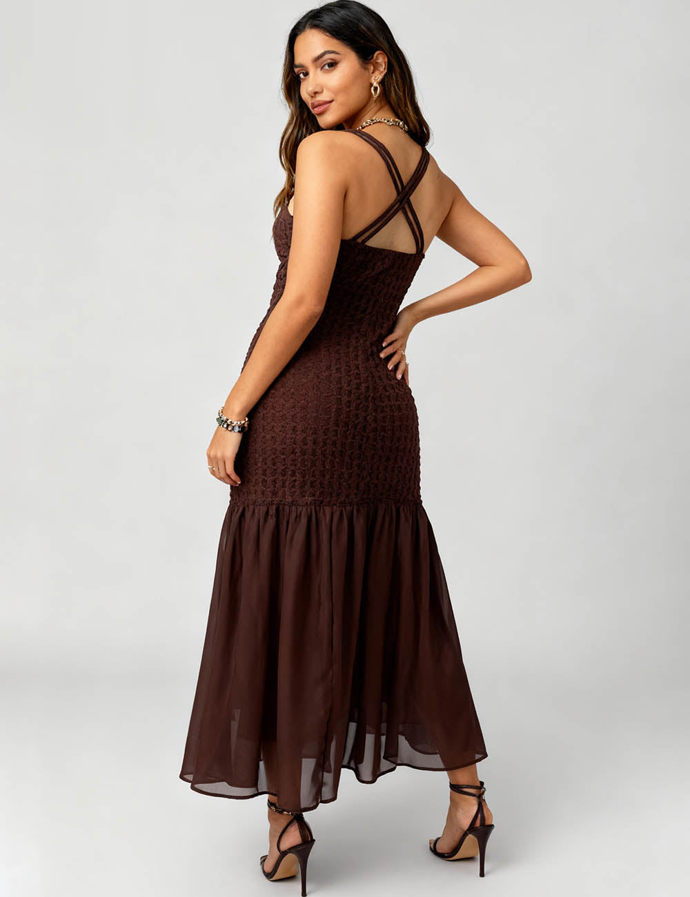 Ladies Crochet Bodice Cross-Back Mesh Hem Maxi Dress