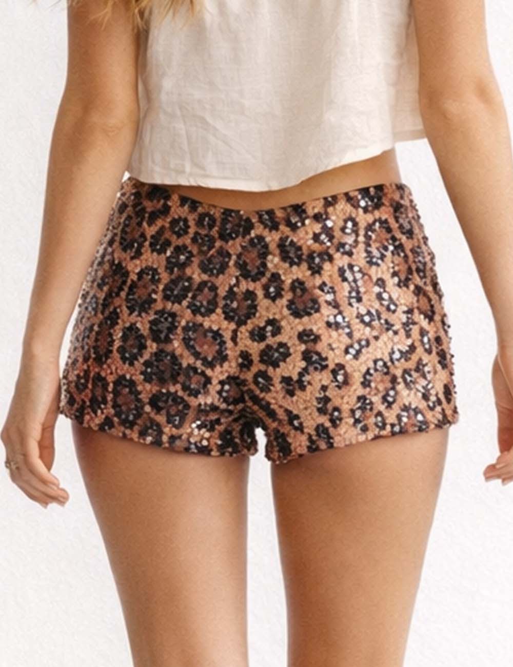 Ladies Sexy Leopard Sparkly Sequin Bodycon Mini Shorts