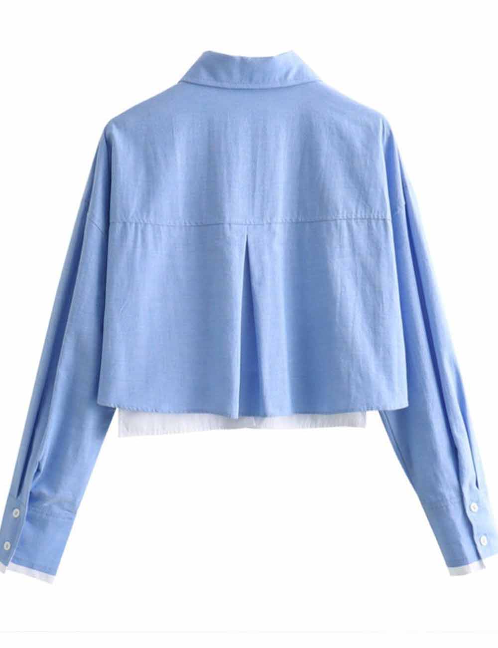 Ladies Color Block Turndown Collar Long Sleeves Crop Shirt