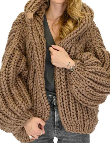 Ladies Solid Color Lantern Sleeves Cable Hooded Chunky Knit Cardigan
