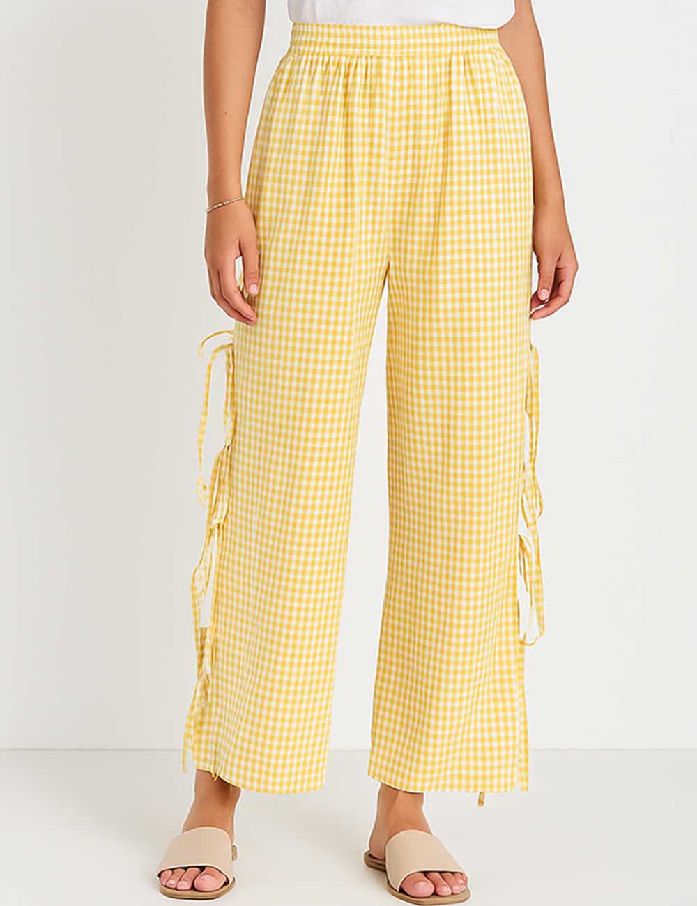 Ladies Checked Color Block Bow Tie Wide Leg Pants