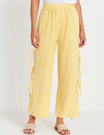 Ladies Checked Color Block Bow Tie Wide Leg Pants