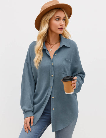 Ladies Waffle Turn Down Collar Long Sleeves Shirt