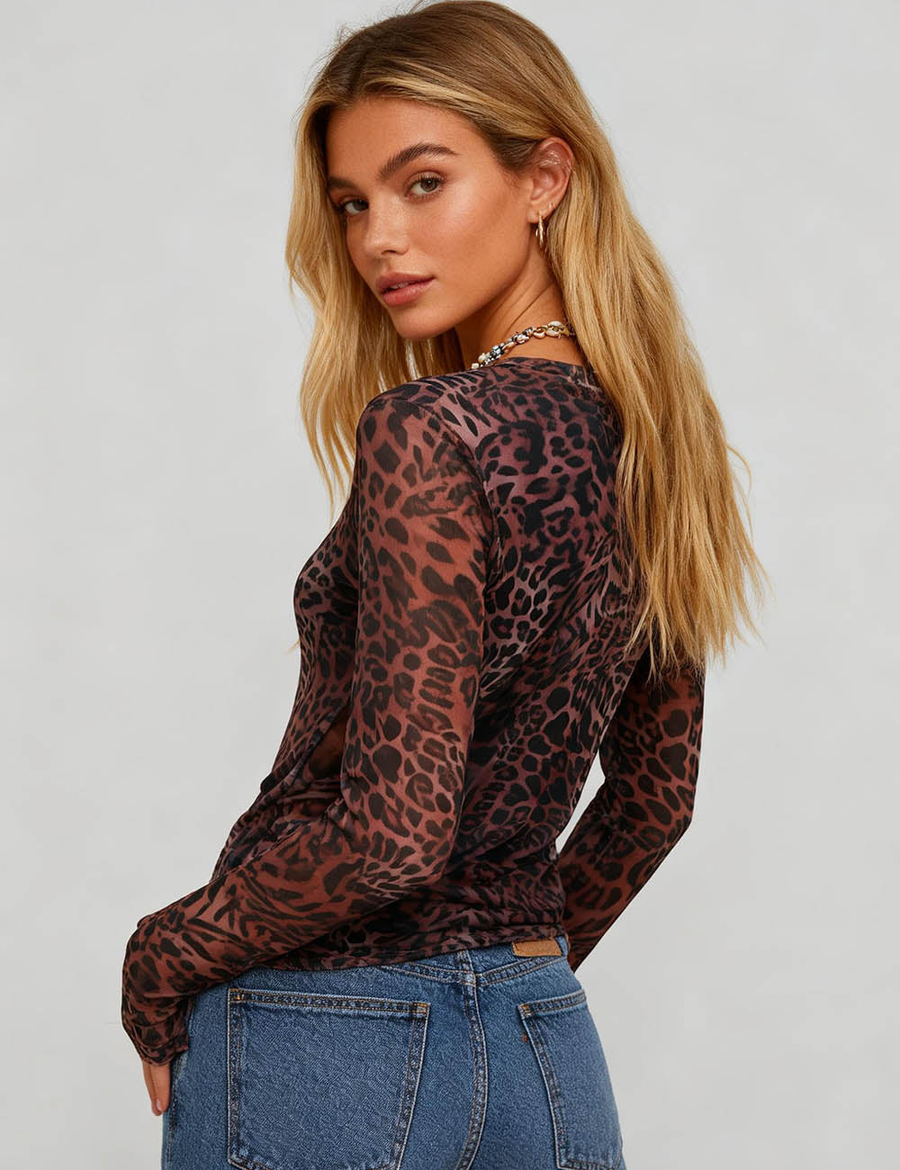 Ladies Leopard Print See Sheer Round Neck Mesh Top