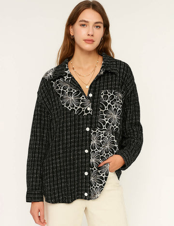 Ladies Plaid Jacket Floral Embroidery Turn Down Shirt