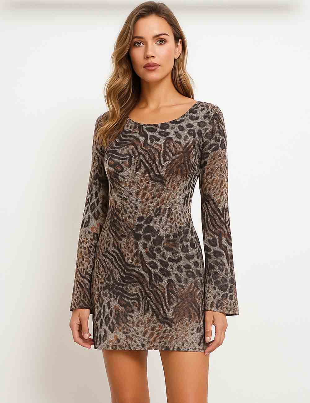 Ladies Leopard Print Round Neck Scoop Back Mesh Mini Dress