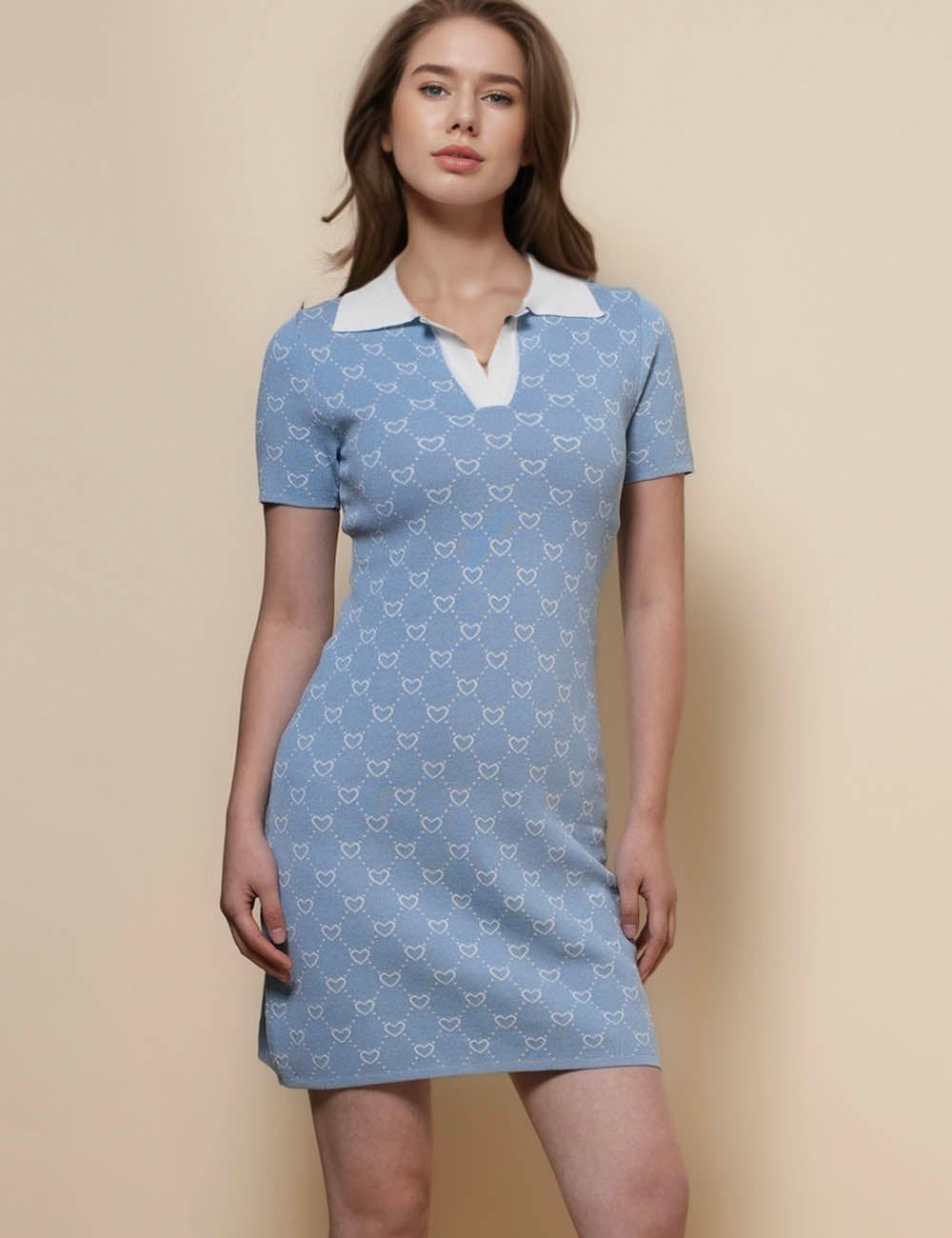 Ladies V-Neck Short Sleeves Heart Knit Mini Dress SKD50144