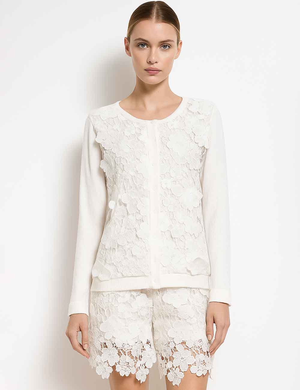 Ladies Floral Eyelet Embroidery Knit Cardigan Top & Shorts Set