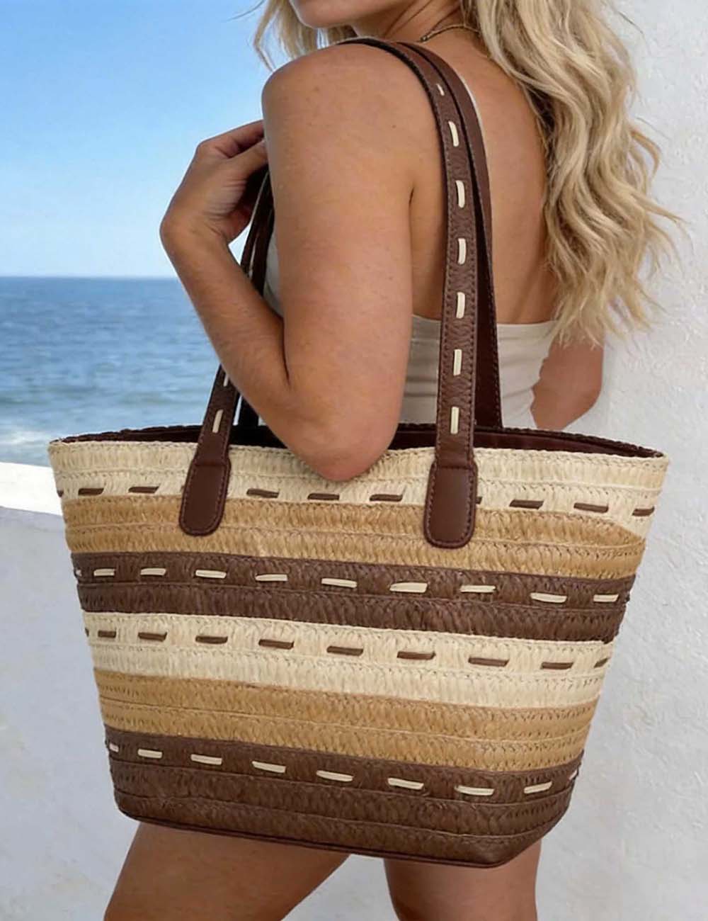 Ladies Striped Woven Straw Summer Beach Shoulder Tote Bag