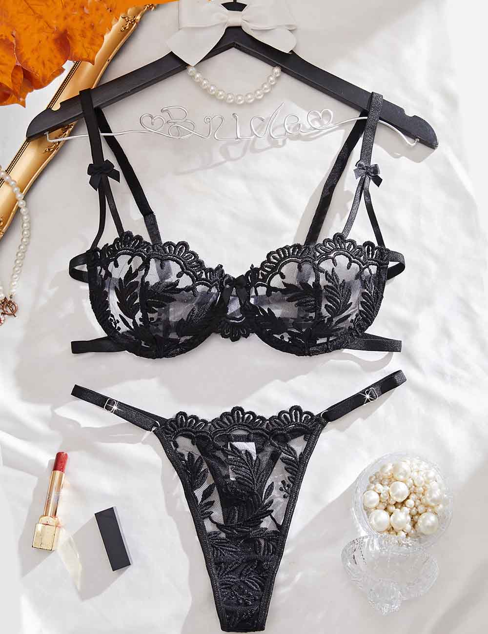 Ladies Floral Embroidery See Through Bra Thong Lingerie Set