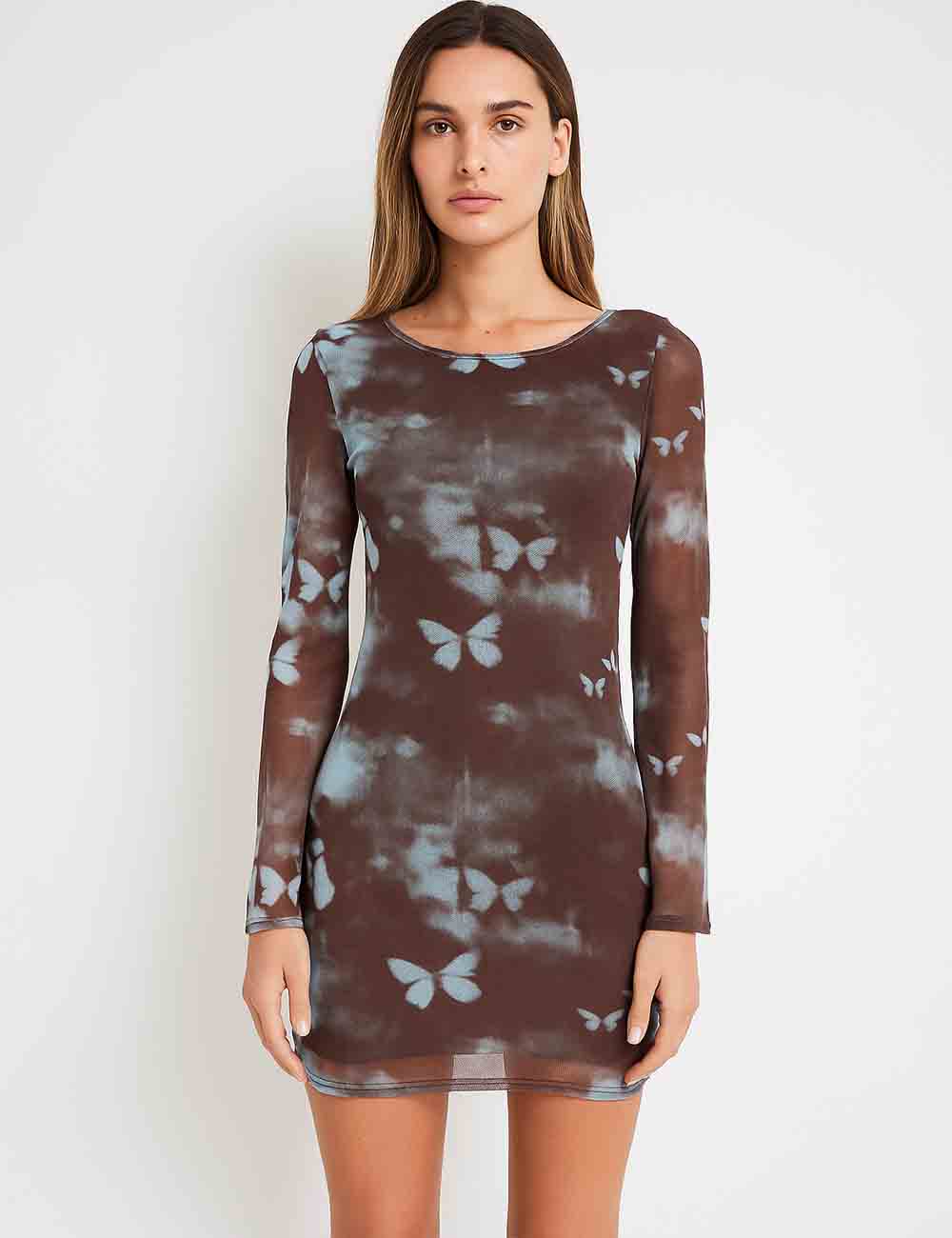 Ladies Butterfly Print Round Neck Scoop Back Mesh Mini Dress
