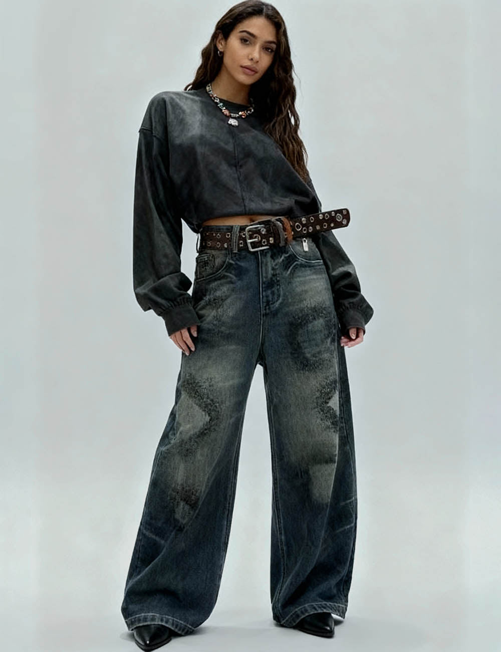 Ladies Vintage Washed Fleece Lined Wide Leg Denim Pants