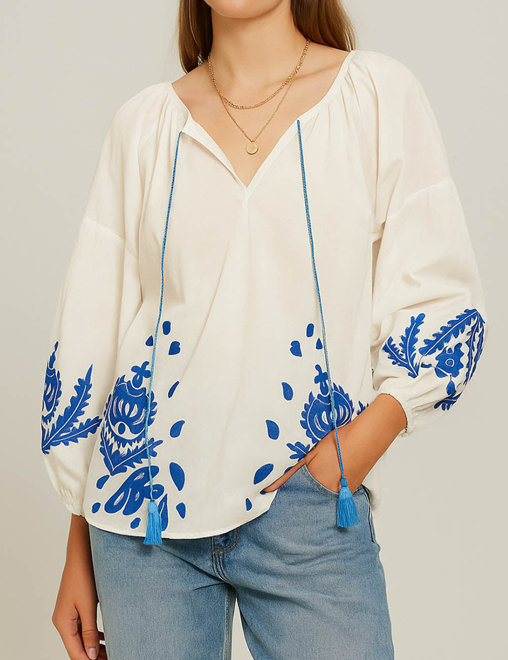 Ladies Boho Embroidery Color Block Round Neck Blouse