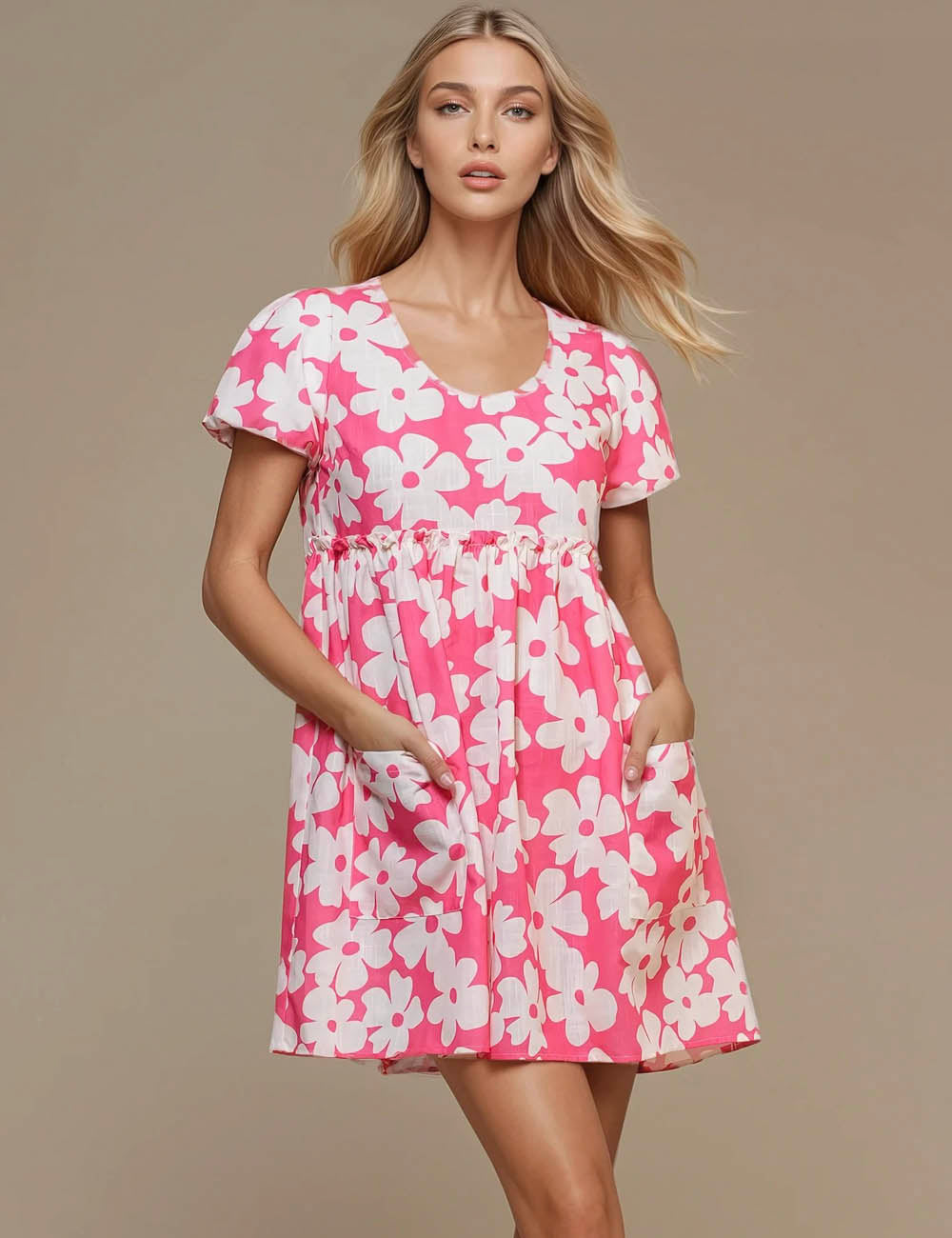 Ladies Flower Print Color Block Mini Dress SKD50289