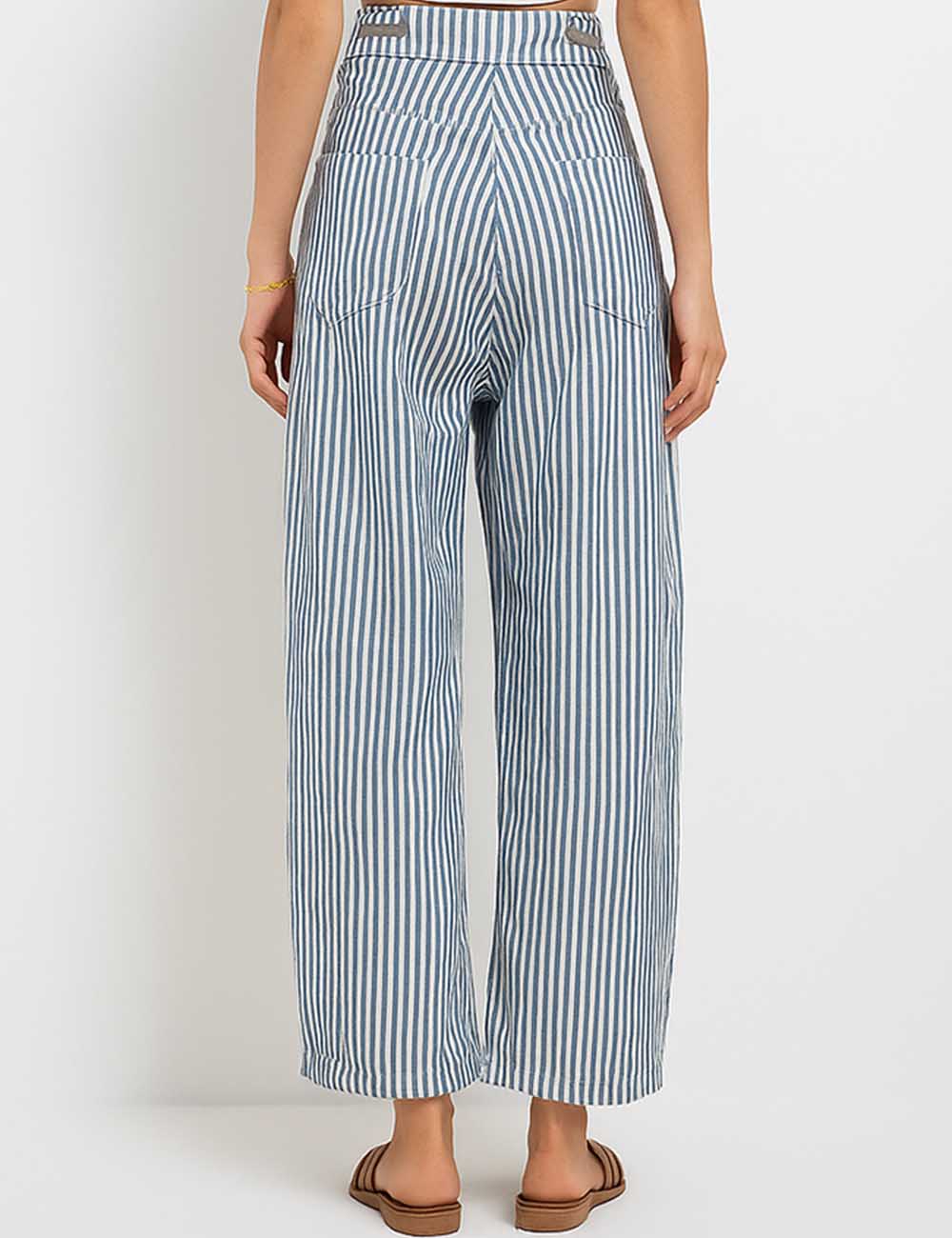 Ladies Striped Color Block Drawstring Barrel Denim Pants