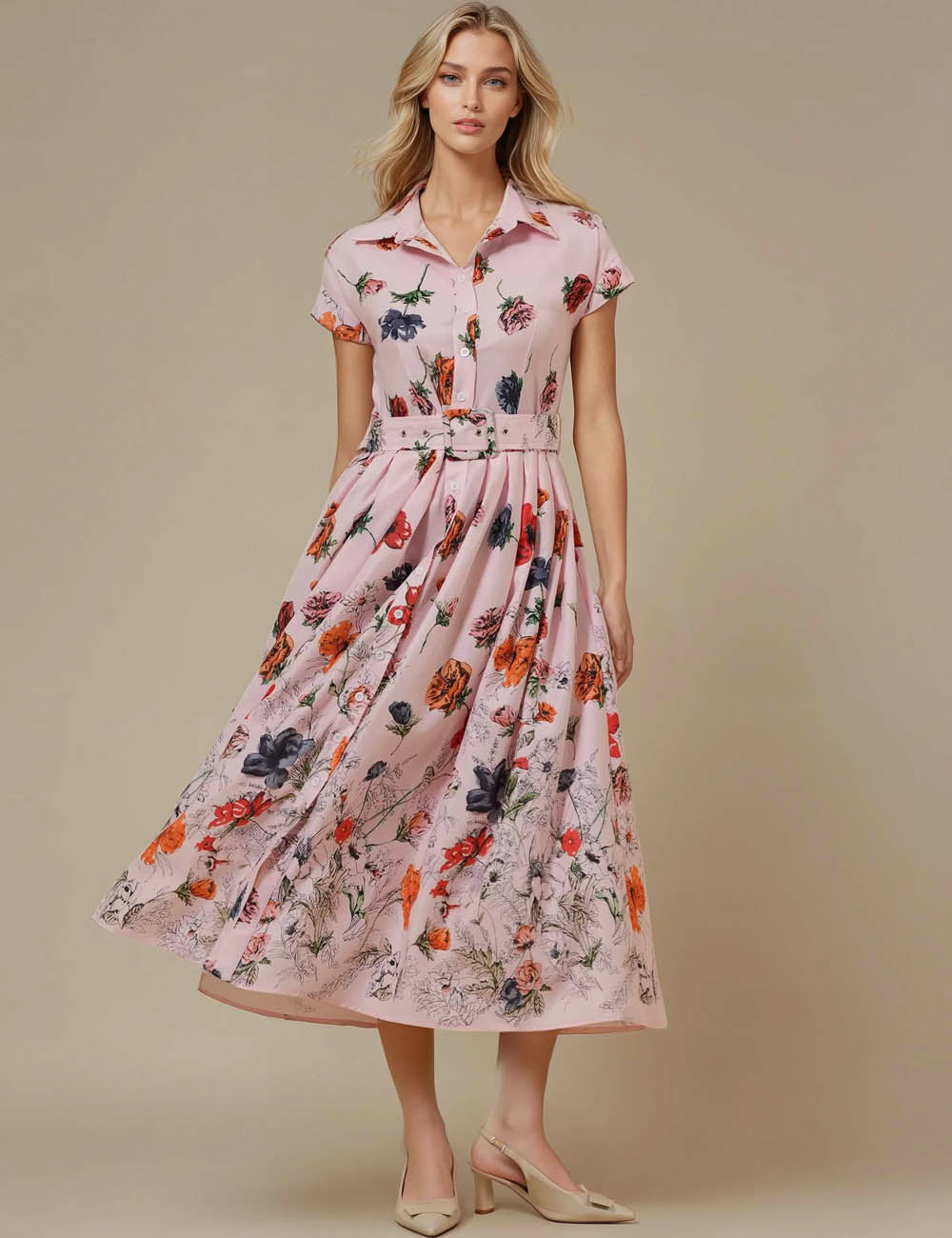 Ladies Turndown Collar Floral Print Midi Shirt Dress JD1004
