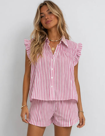 Ladies Chic Striped Ruffle Sleeves Blouse & Shorts Matching Set