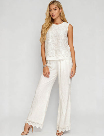 Ladies Floral Lace Round Neck Tank Top Wide Leg Pants Set