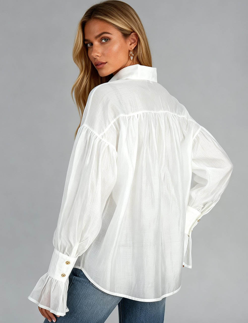 Ladies Chiffon Sheer Shirt Collar Flared Long Sleeves Blouse
