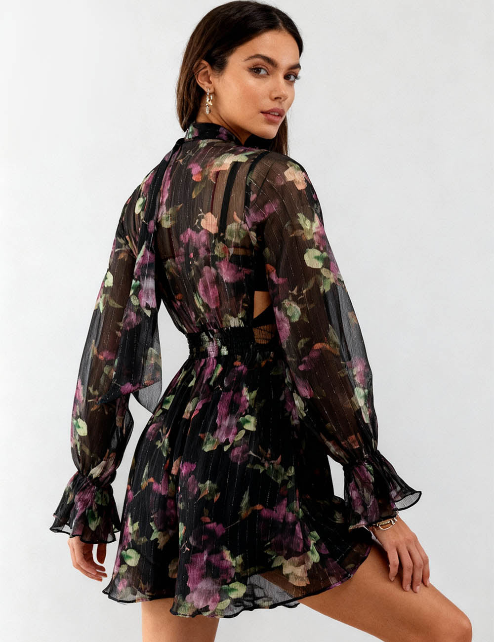 Ladies Floral Chiffon V-Neck Flared Sleeves Mini Dress