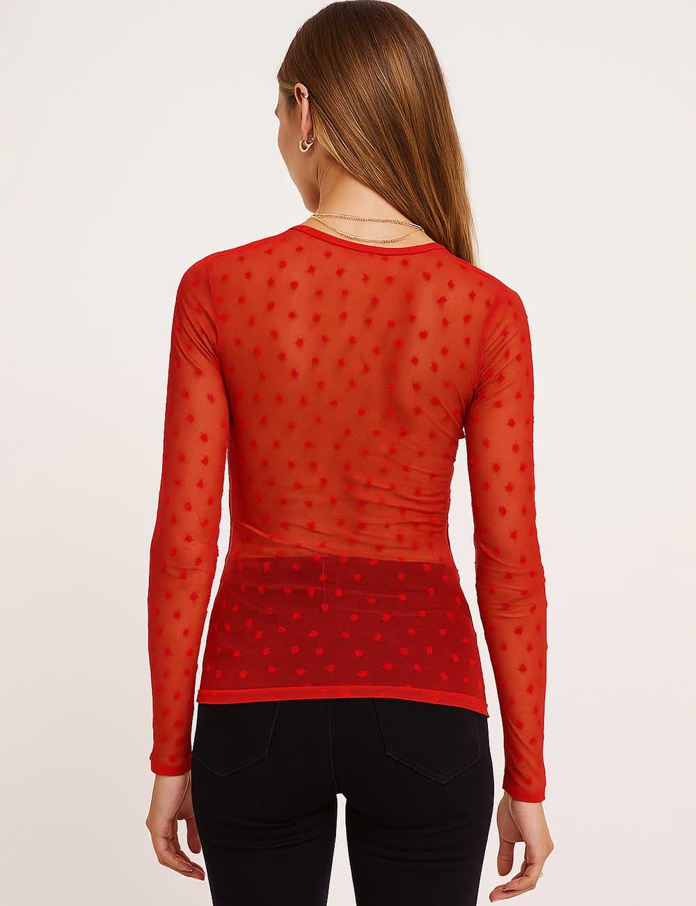 Women Heart See Through Long Sleeves Mesh Blouse