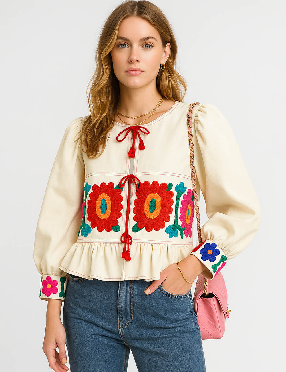 Ladies Colorful Floral Pattern Tie Front Ruffle Hem Top