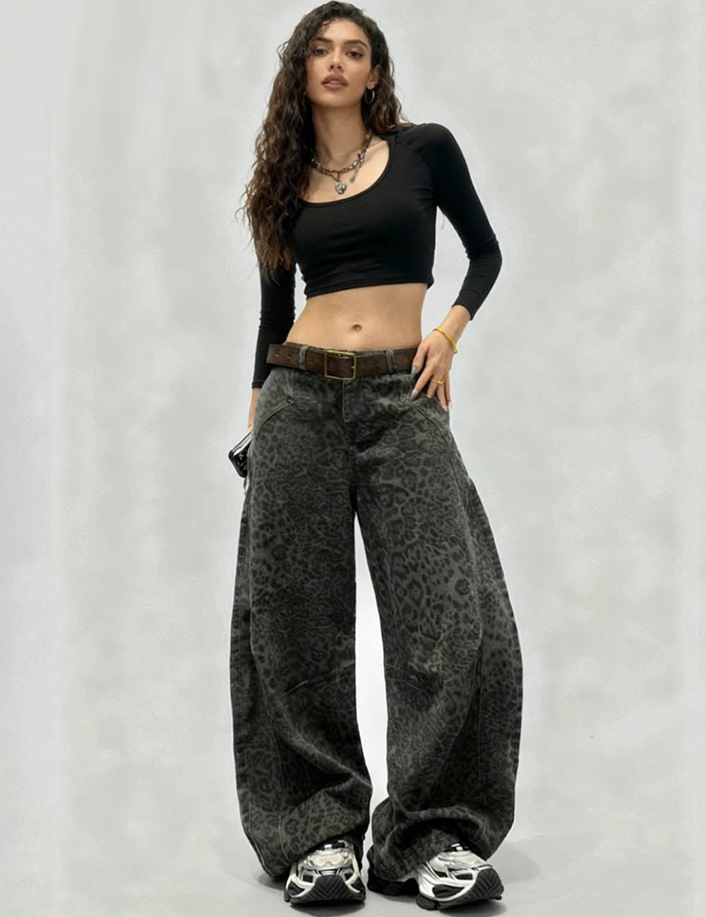 Ladies Leopard Print Fleece Lined Barrel Leg Denim Pants