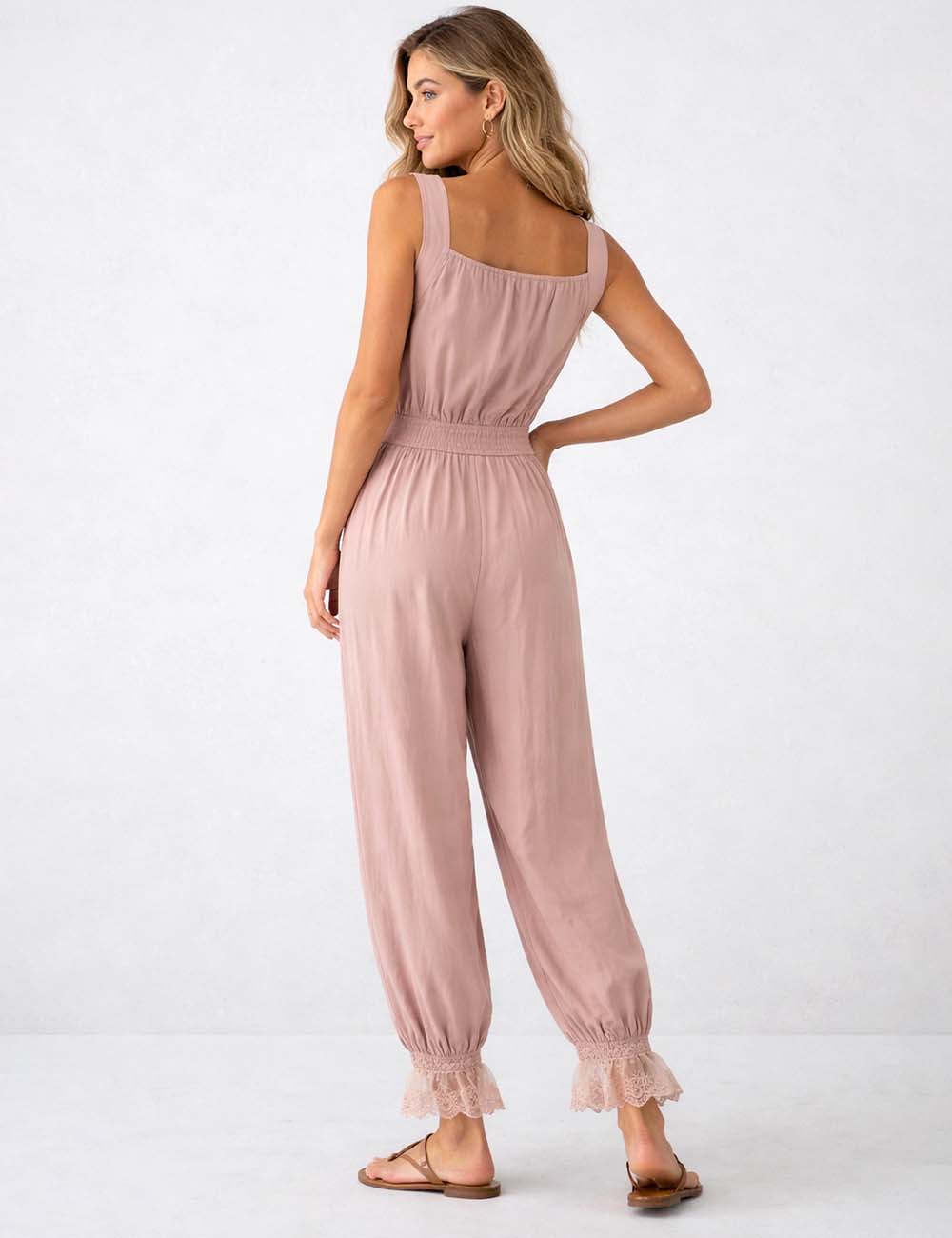 Ladies Casual Sleeveless V-Neck Lace Bloom Bottom Jumpsuit