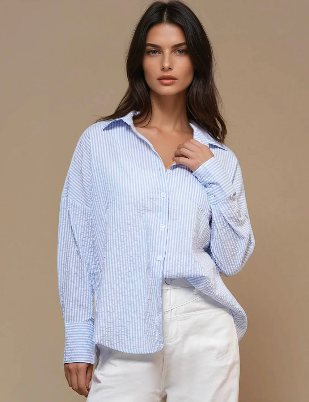 Ladies Stripe Color Block Top Lapel Shirt SKT50589