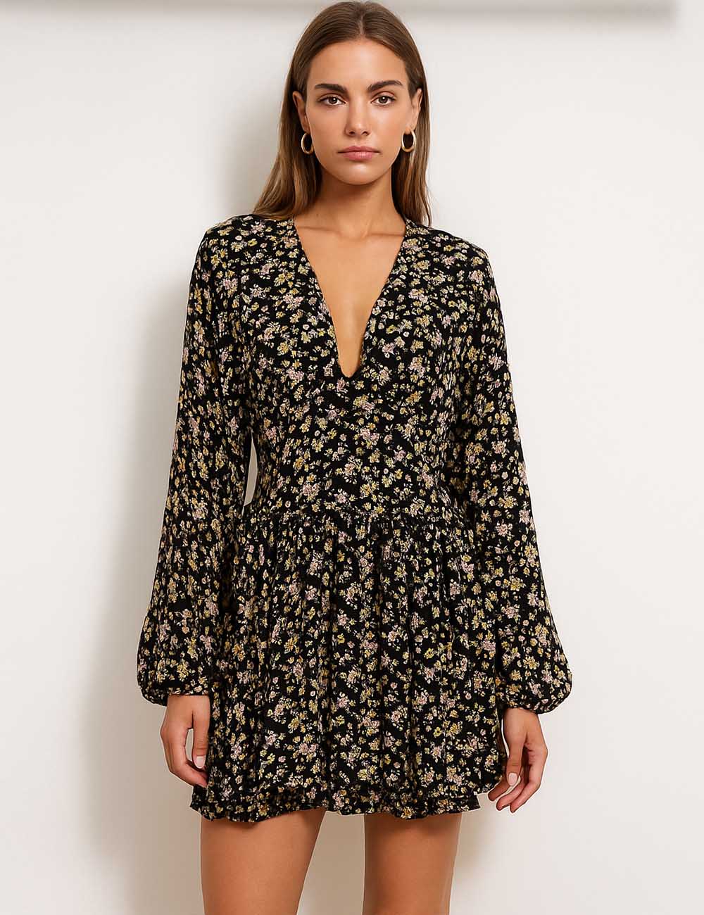 Ladies Floral V-Neck Long Sleeves Tiered Ruffle Mini Dress