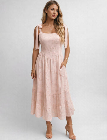 Ladies Embroidery Square Neck Tie Shoulder Strap Midi Dress