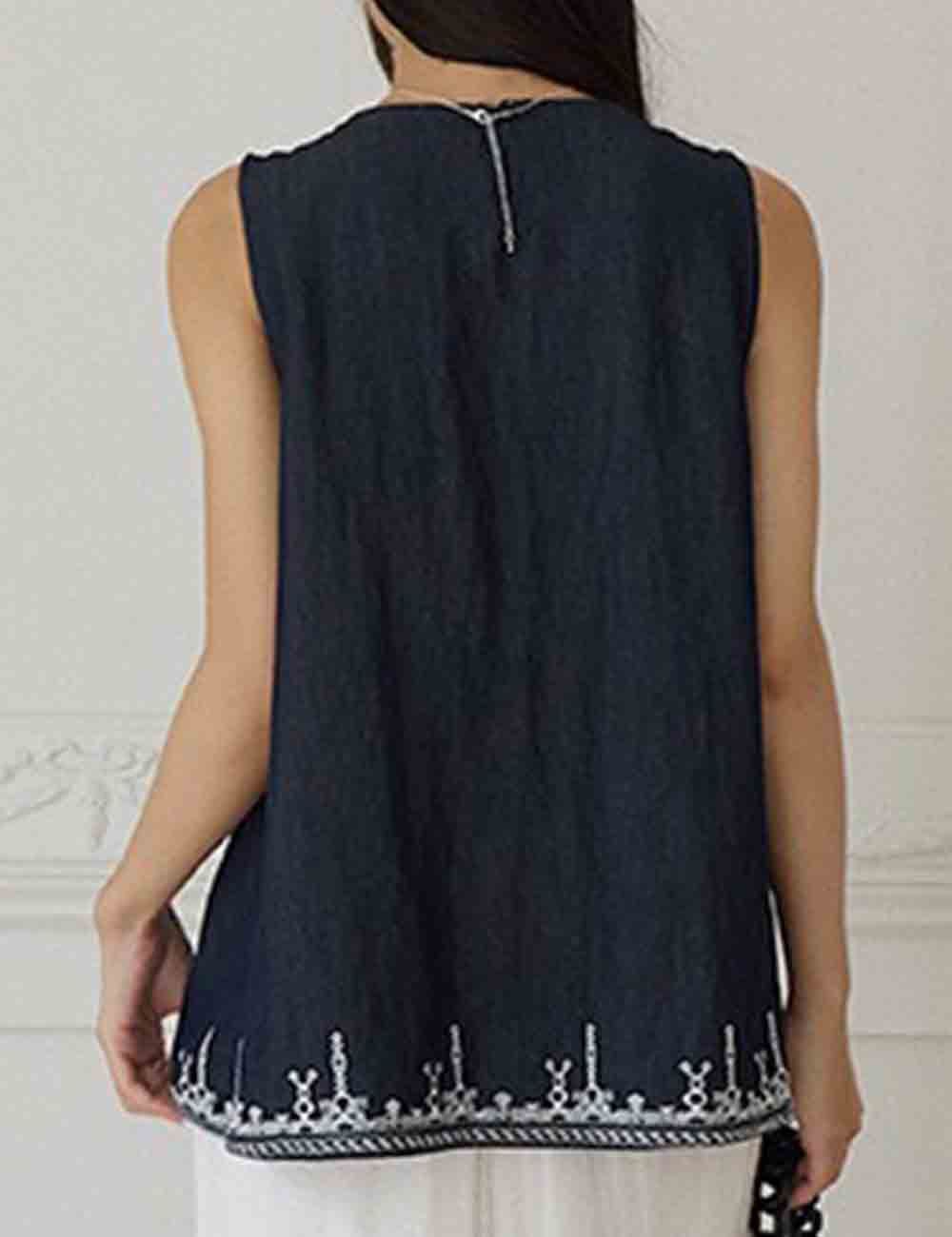 Ladies Round Neck Embroidery Sleeveless Ruched Vest