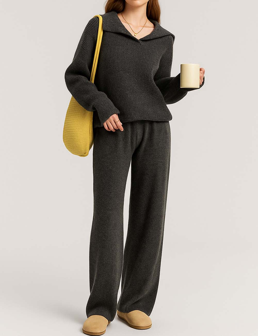 Ladies Solid Color V-Neck Long Sleeves Knit Sweater Set