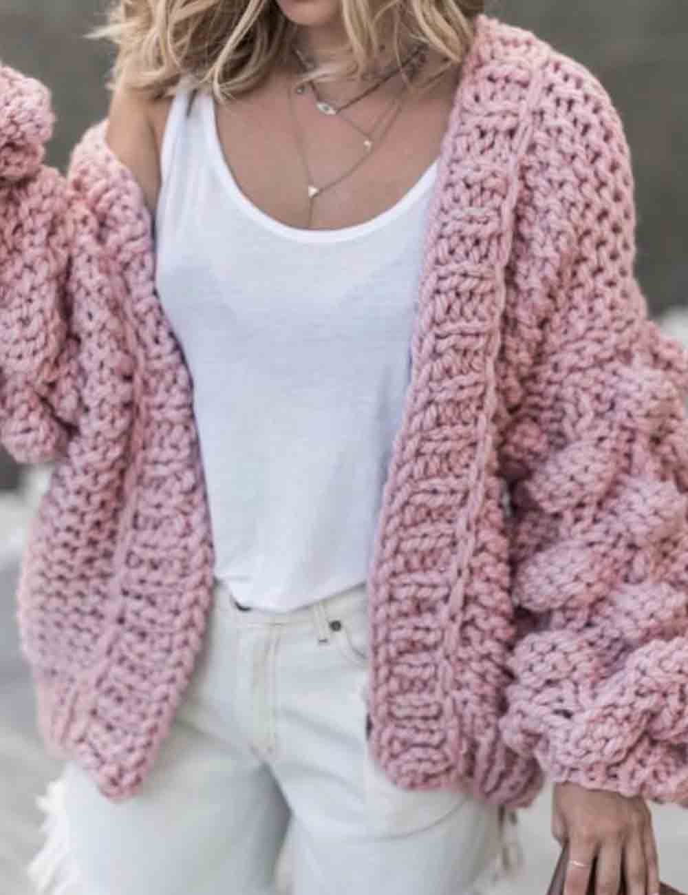 Ladies Solid Color Lantern Sleeves Open Front Chunky Knit Cardigan