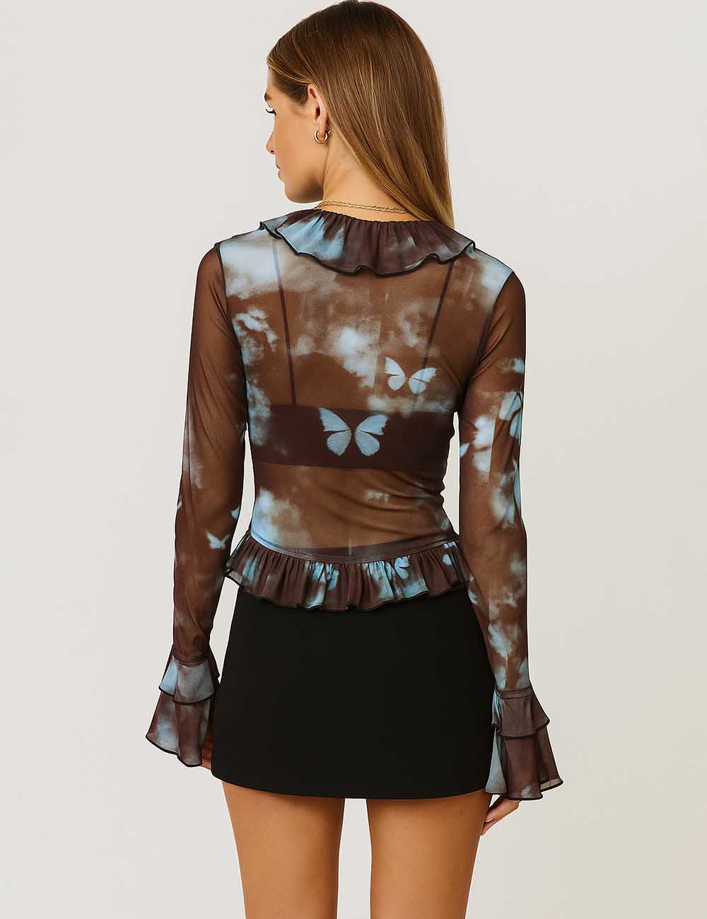 Women V-Neck Butterfly Print Long Sleeve Blouse